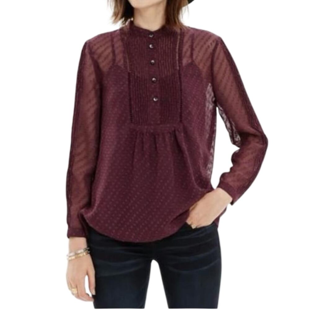 Madewell Pintuck Clipdot Sheer Button Front Blouse Top Plum Burgundy Size M